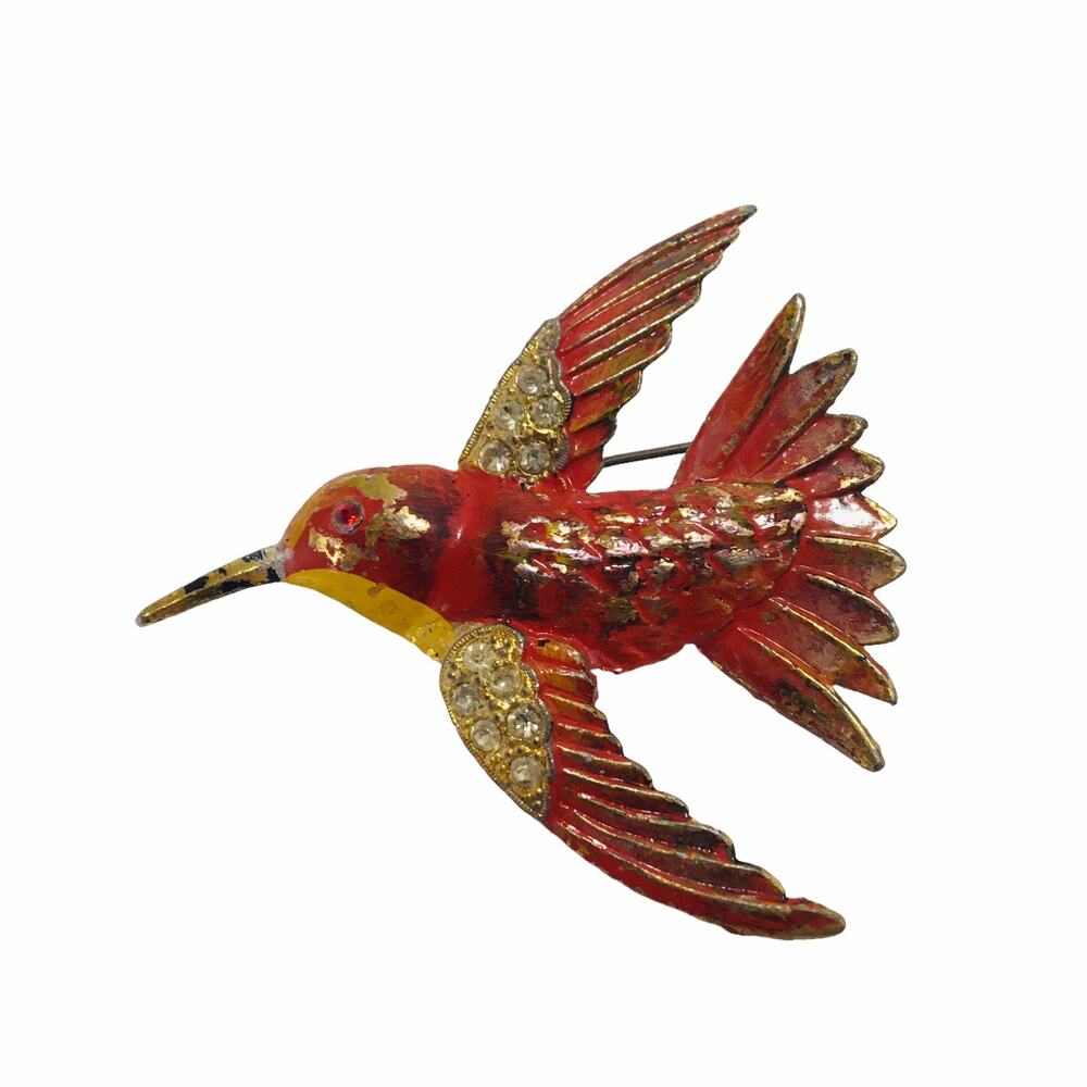 Vtg Brooch Pin Rhinestones Colorful Bird Costume Jewelry 1950's Hand Painted USA